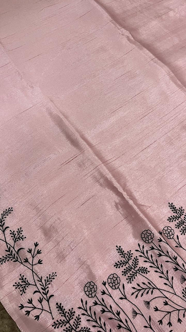 Semi tussar - Pink saree with Black embroidery