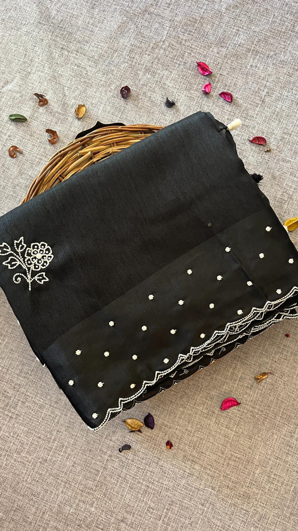 Raw Green Silk Saree - Black