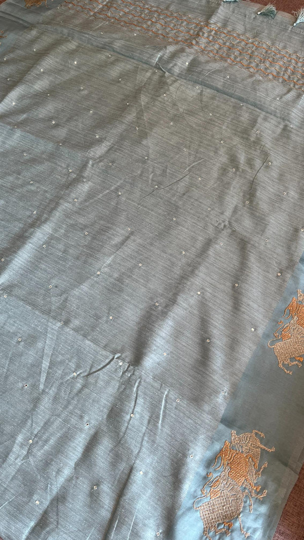 Raw Green Silk saree -Mirror work