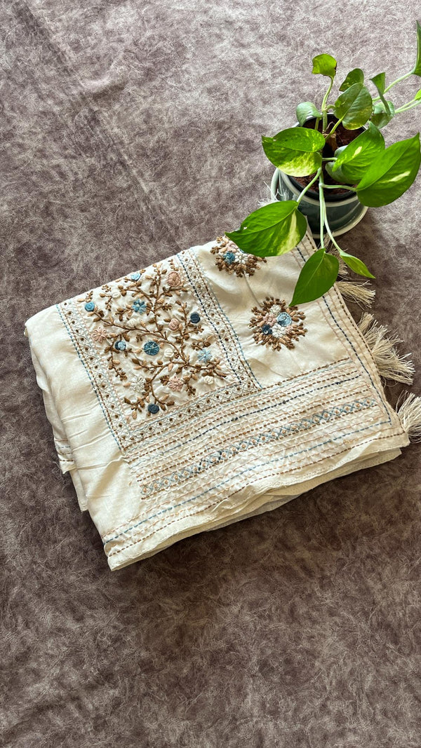 Semi Tussar Saree with French Knot Embroidery