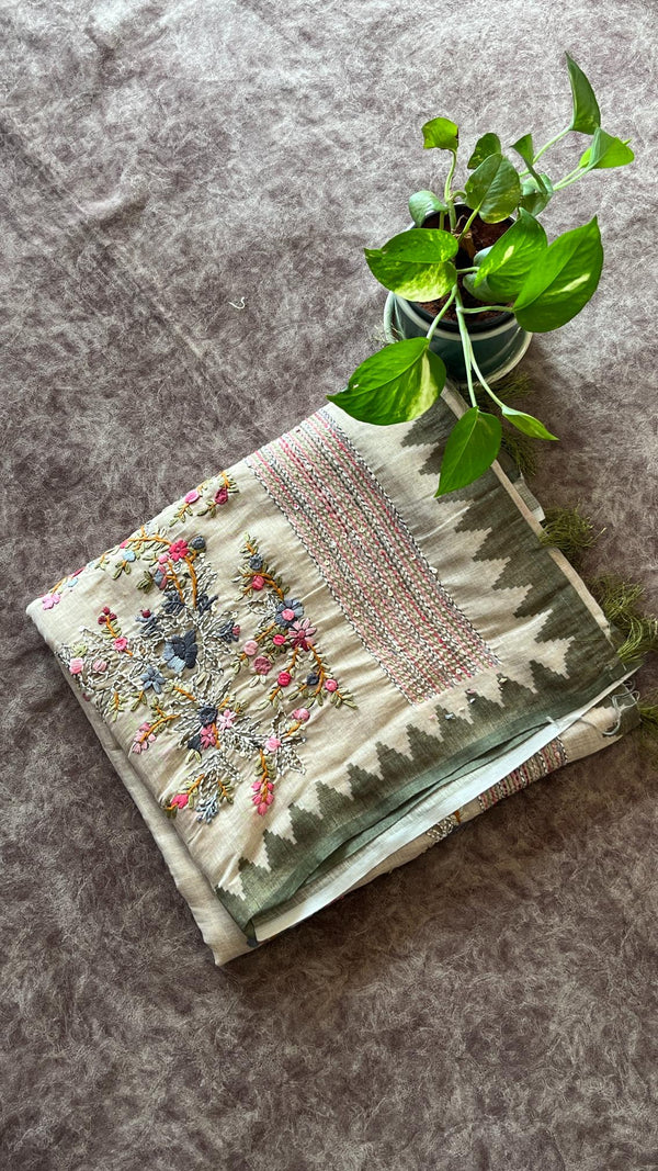 Semi Tussar Saree with French Knot Embroidery
