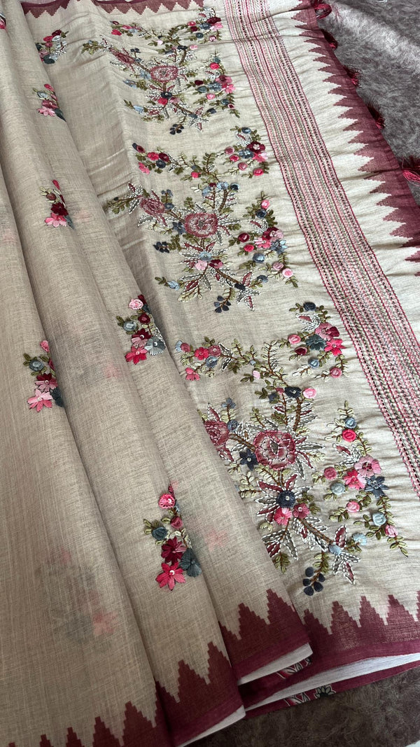 Semi Tussar Saree with French Knot Embroidery