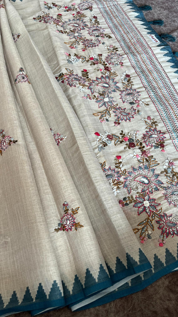 Semi Tussar Saree with French Knot Embroidery