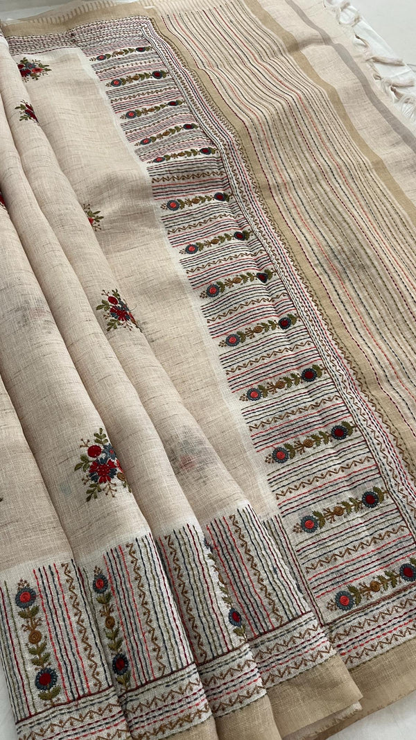 Linen Saree with French Knot Embroidery