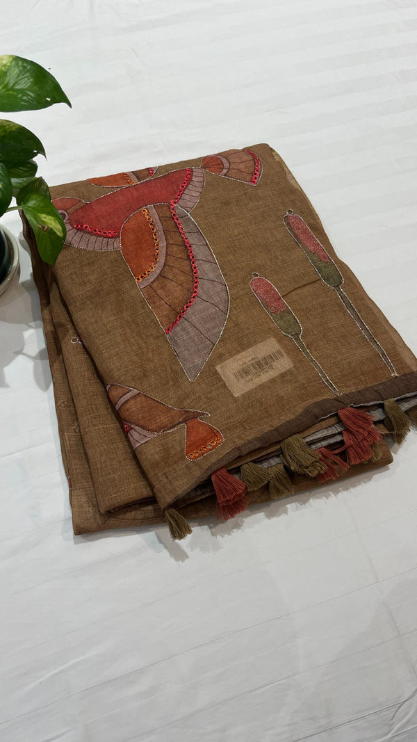 Linen cut work saree