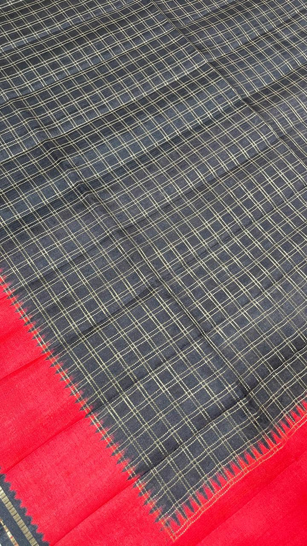 Semi Tussar - Black & Red checks