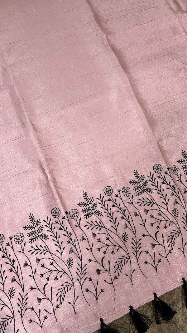 Semi tussar - Pink saree with Black embroidery