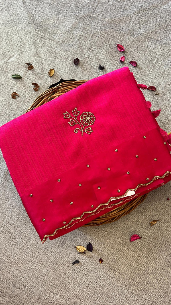 Raw Green Silk saree -Rani pink