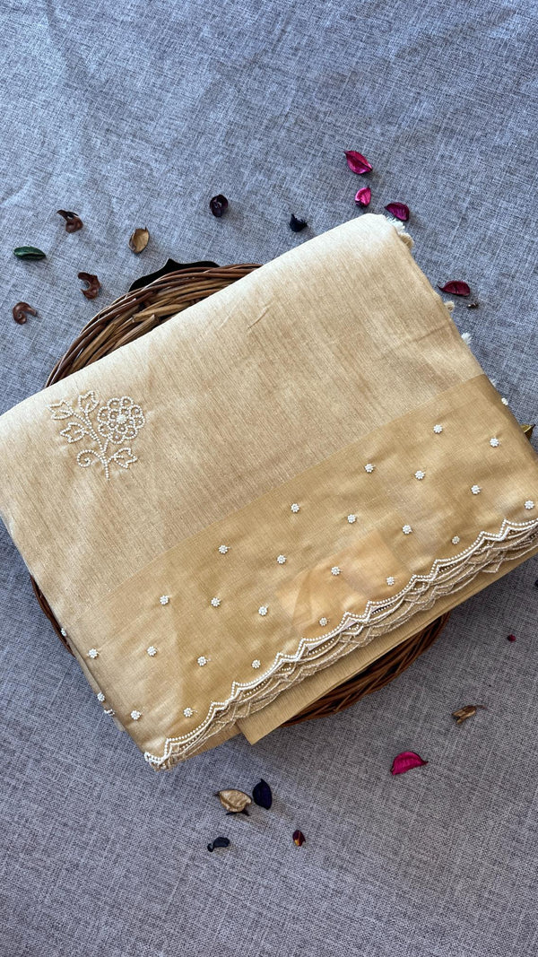 Raw Green Silk saree - golden beige