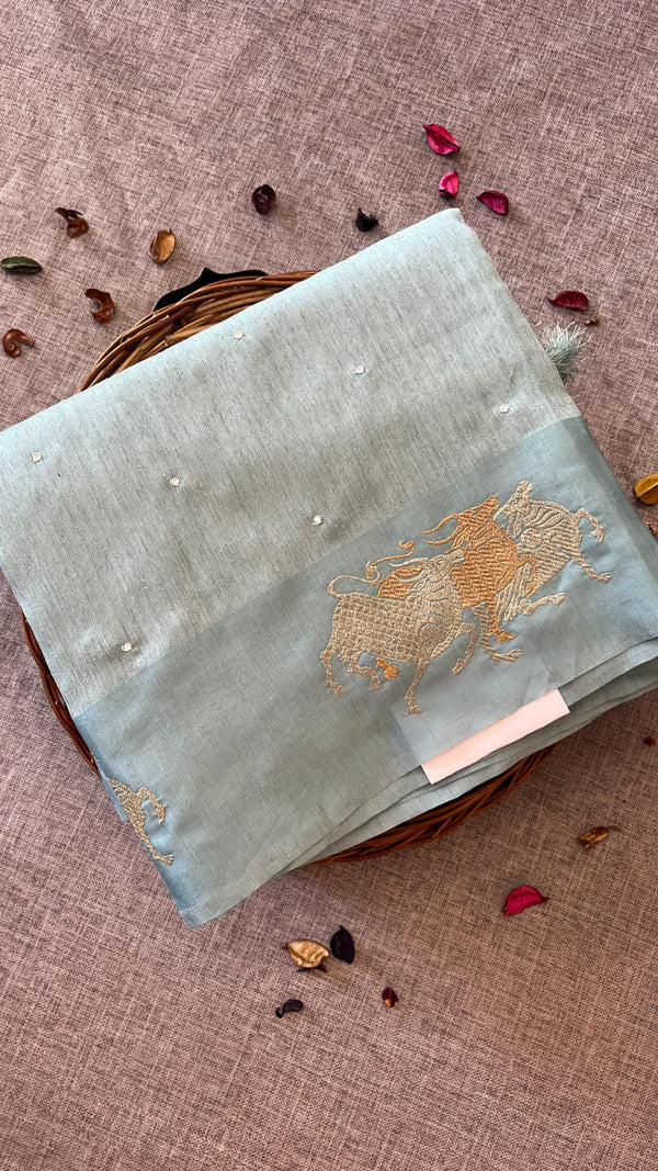 Raw Green Silk saree -Mirror work