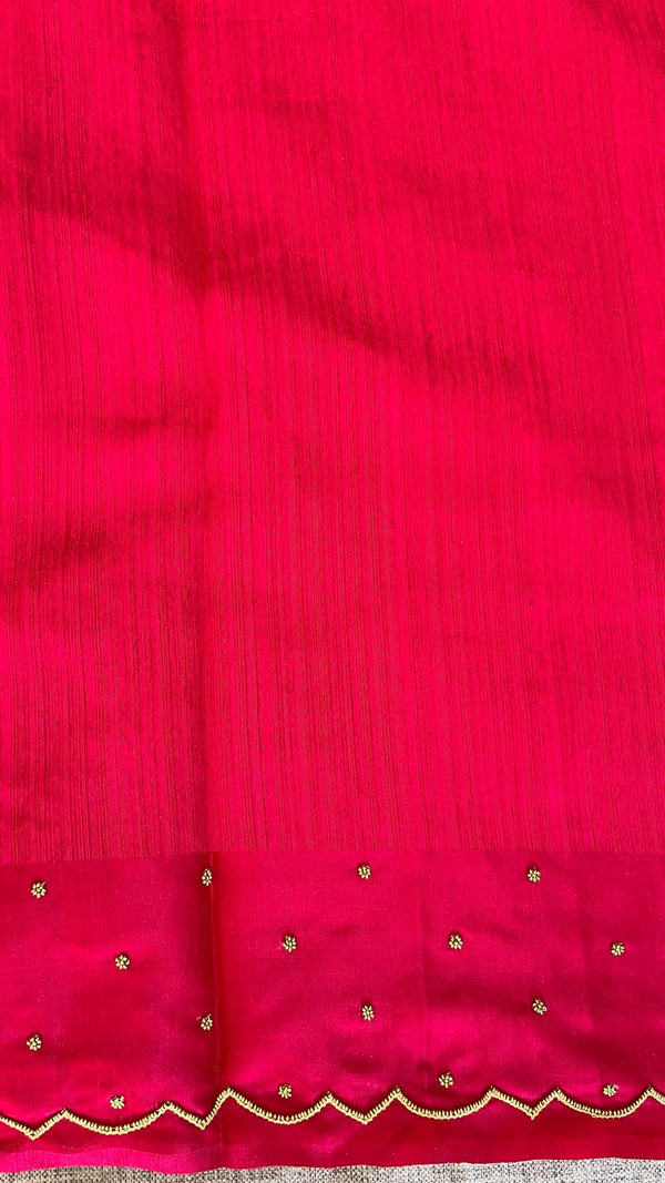 Raw Green Silk saree -Rani pink