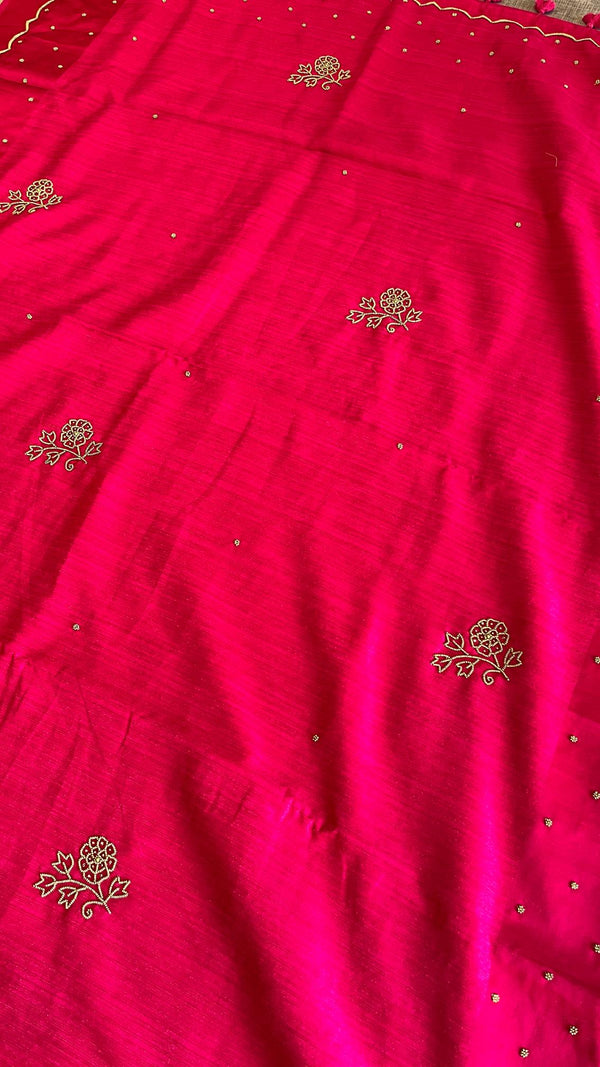 Raw Green Silk saree -Rani pink
