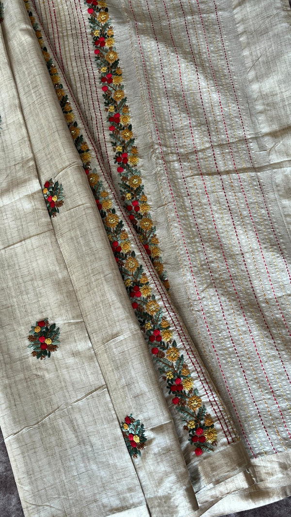 Semi Tussar Saree with French Knot Embroidery