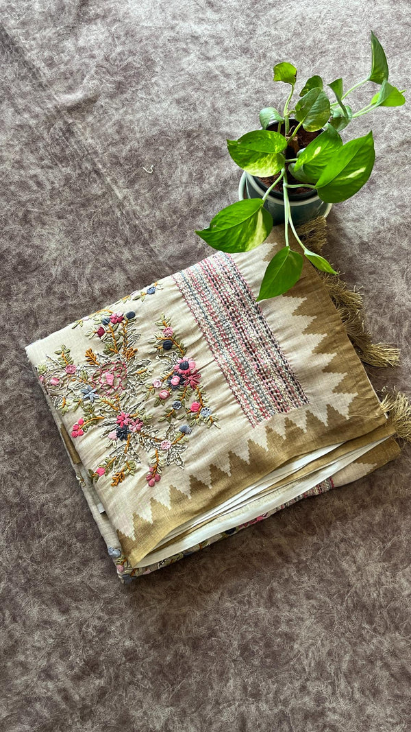 Semi Tussar Saree with French Knot Embroidery