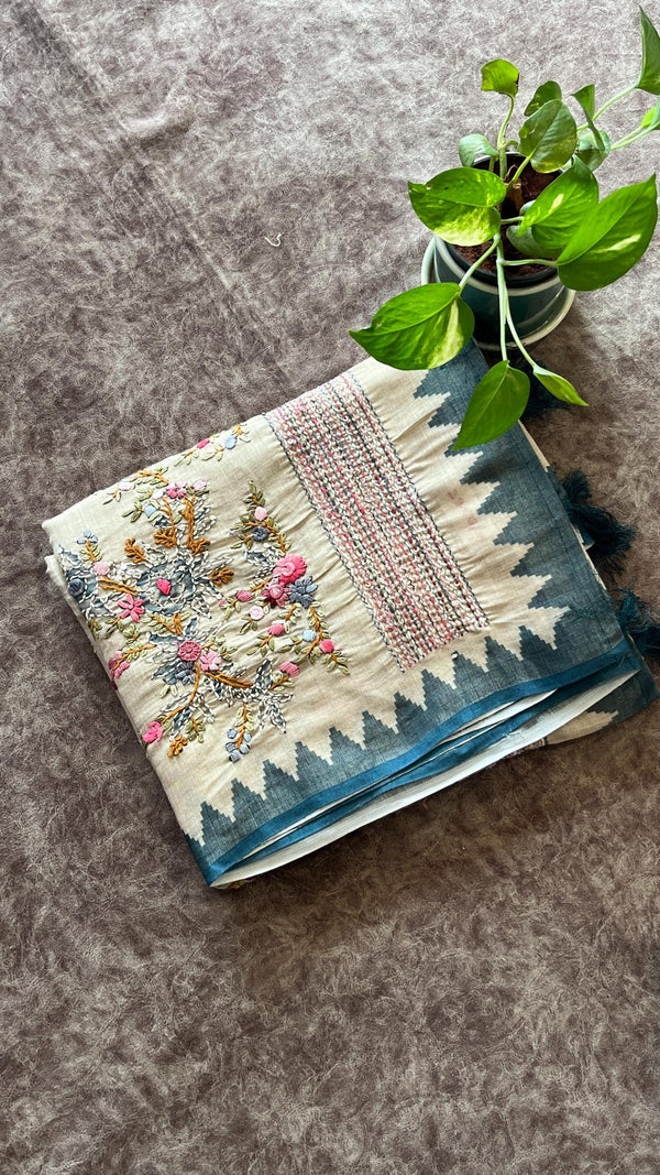 Semi Tussar Saree with French Knot Embroidery