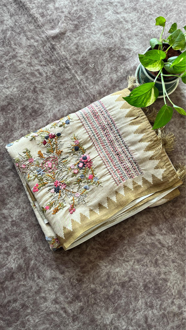 Semi Tussar Saree with French Knot Embroidery