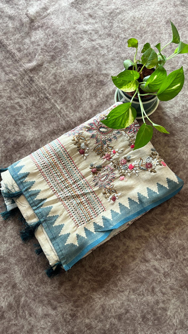 Semi Tussar Saree with French Knot Embroidery