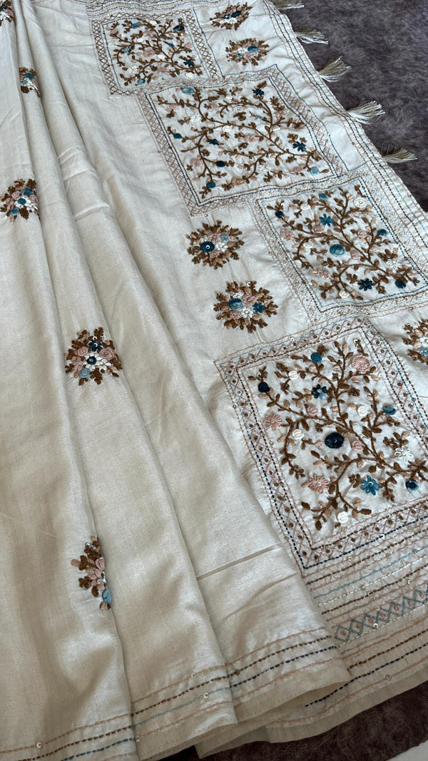 Semi Tussar Saree with French Knot Embroidery