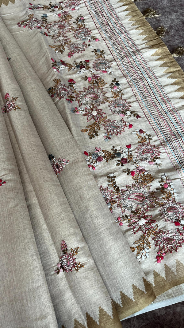 Semi Tussar Saree with French Knot Embroidery