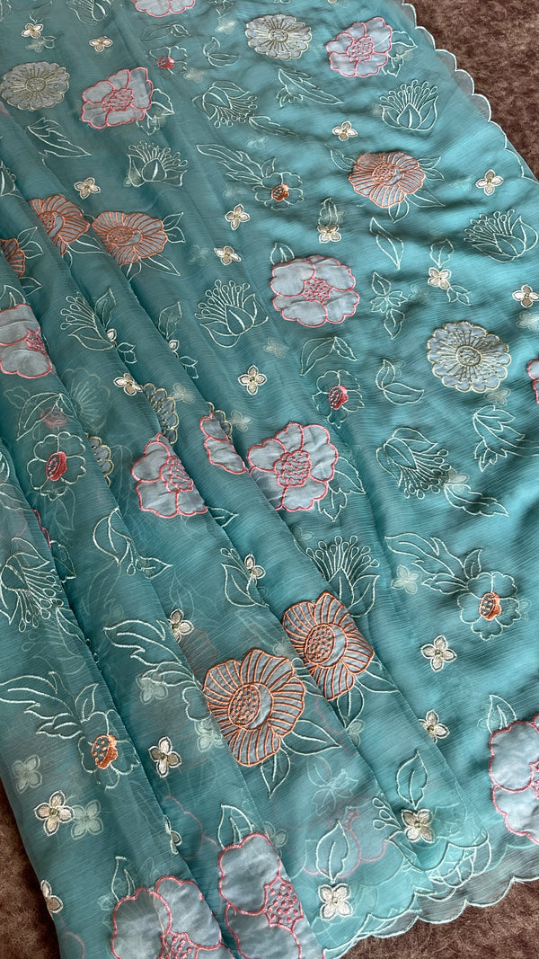 Georgette Organza Saree with Floral Appliqué Work
