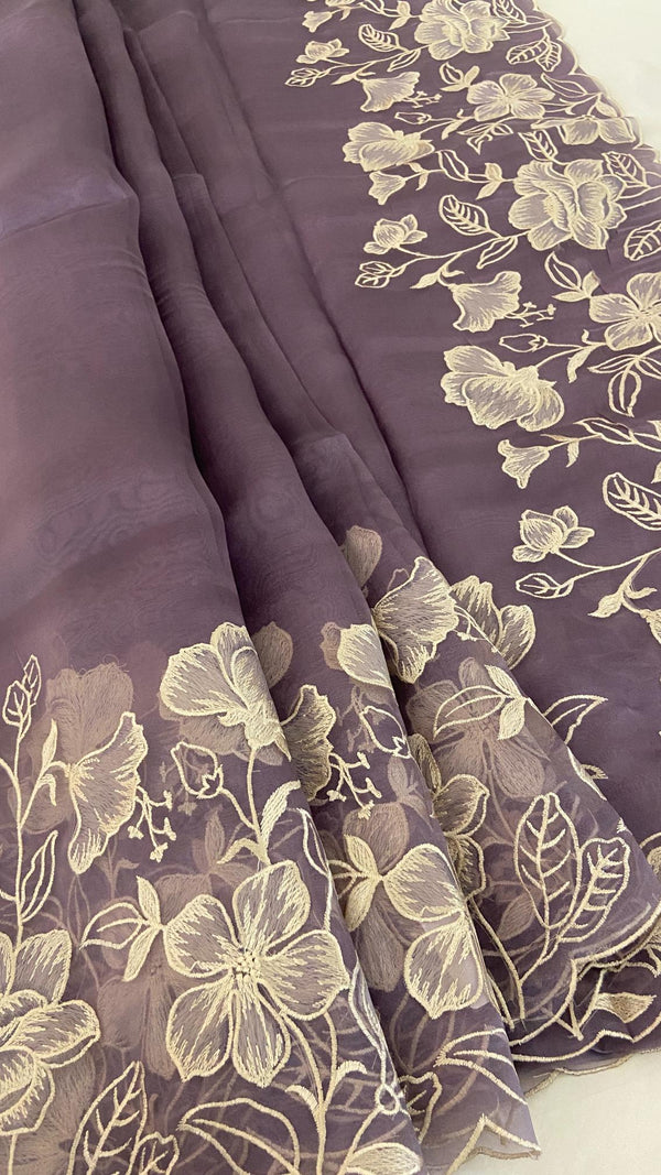 Pure Organza Saree with Floral Embroidery