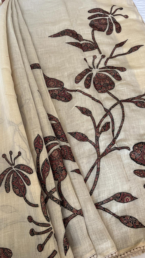 Linen Saree with Appliqué Work