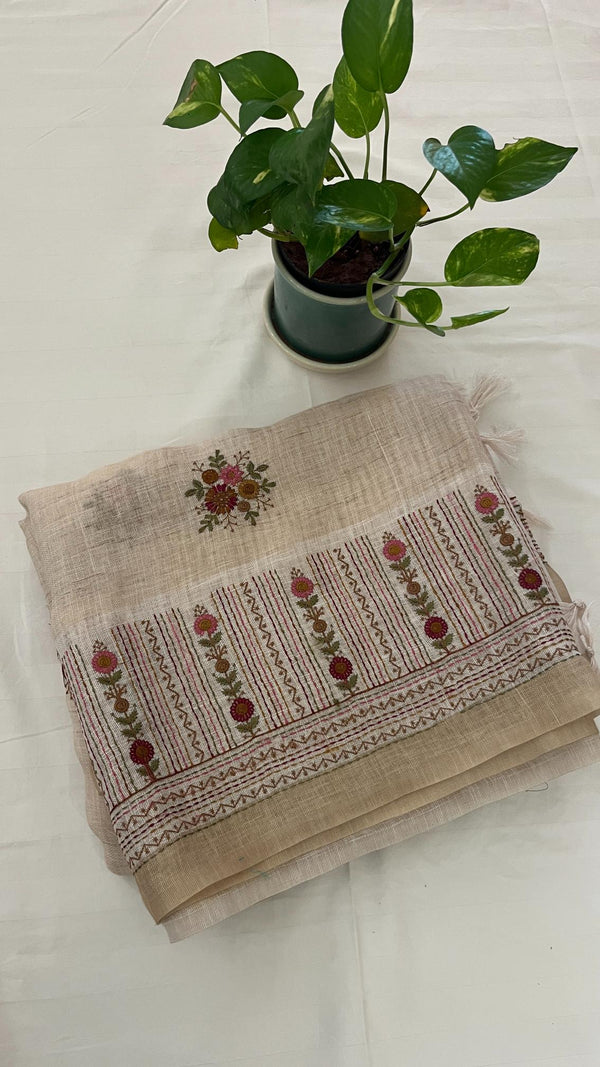 Linen Saree with French Knot Embroidery