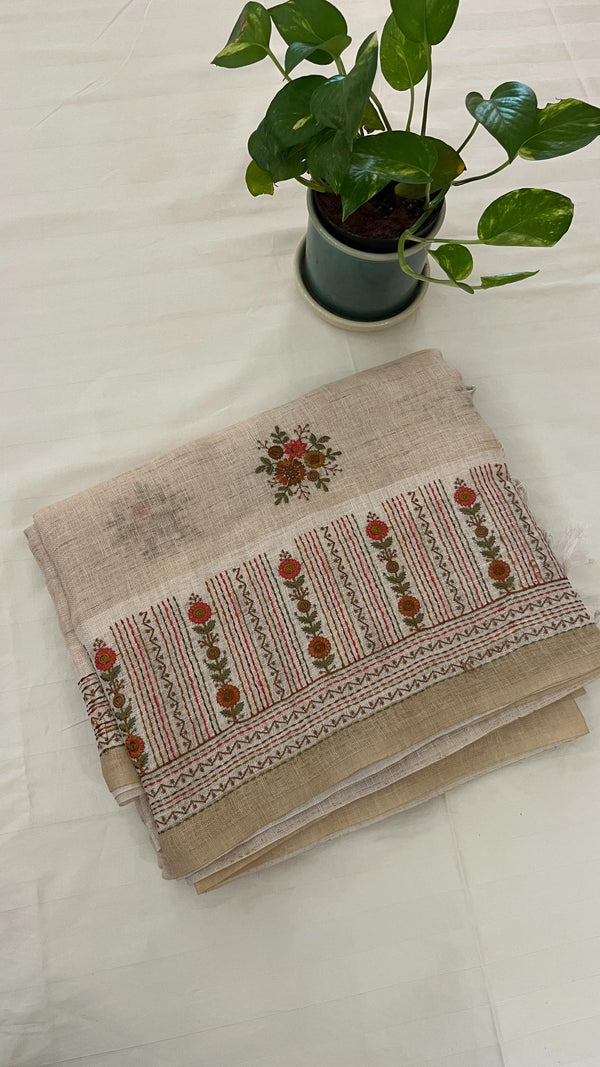 Linen Saree with French Knot Embroidery
