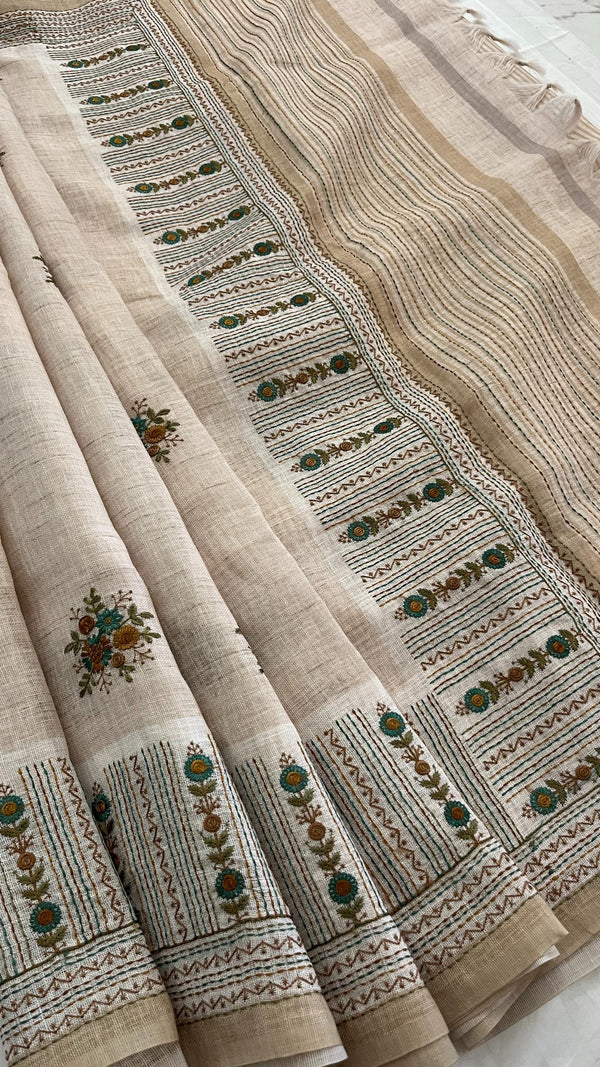 Linen Saree with French Knot Embroidery