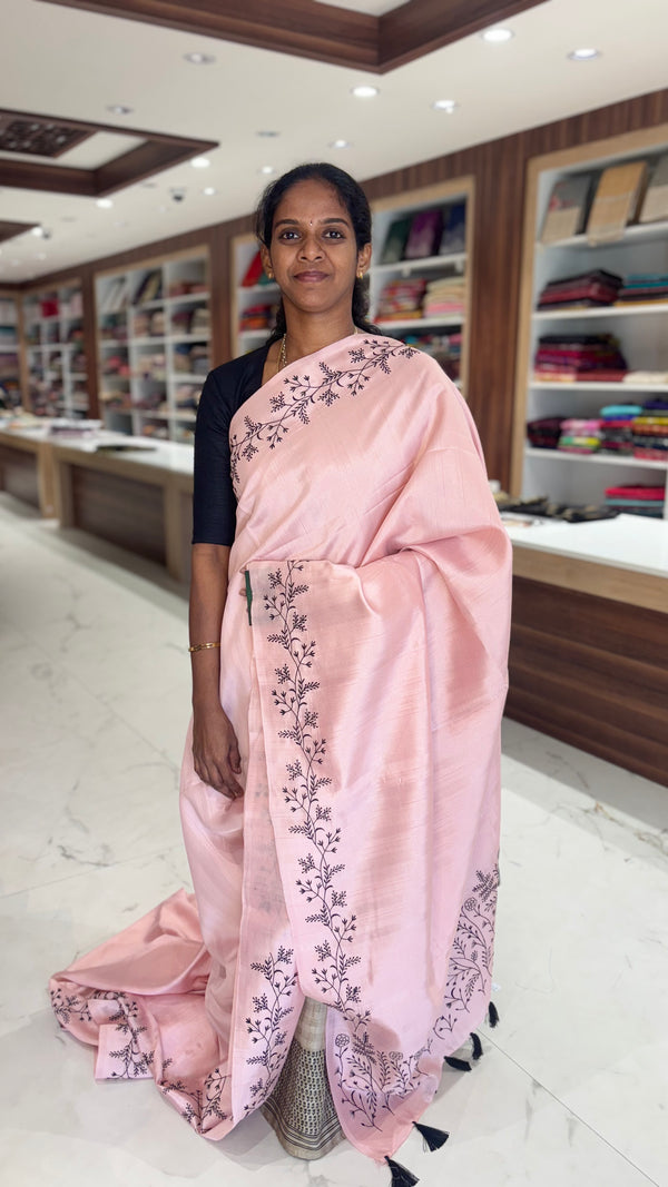 Semi tussar - Pink saree with Black embroidery