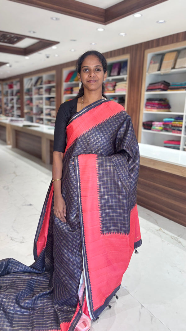 Semi Tussar - Black & Red checks