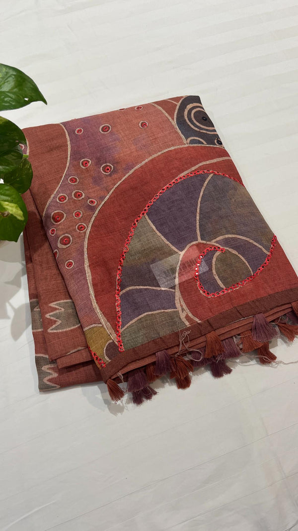 Linen cut work saree