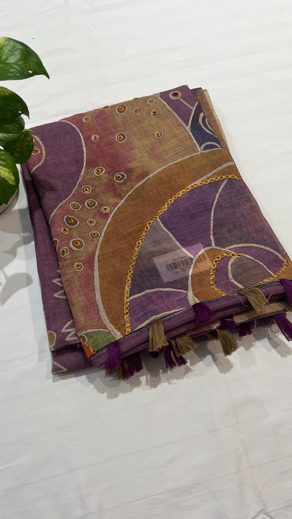 Linen cut work saree