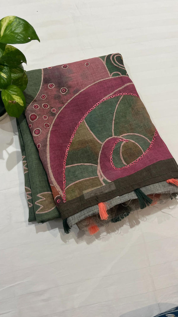 Linen cut work saree
