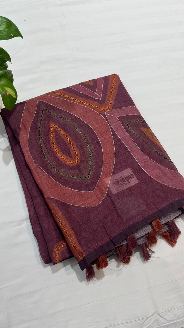 Linen cut work saree
