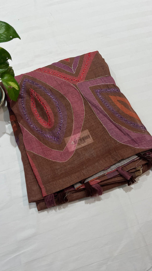 Linen cut work saree