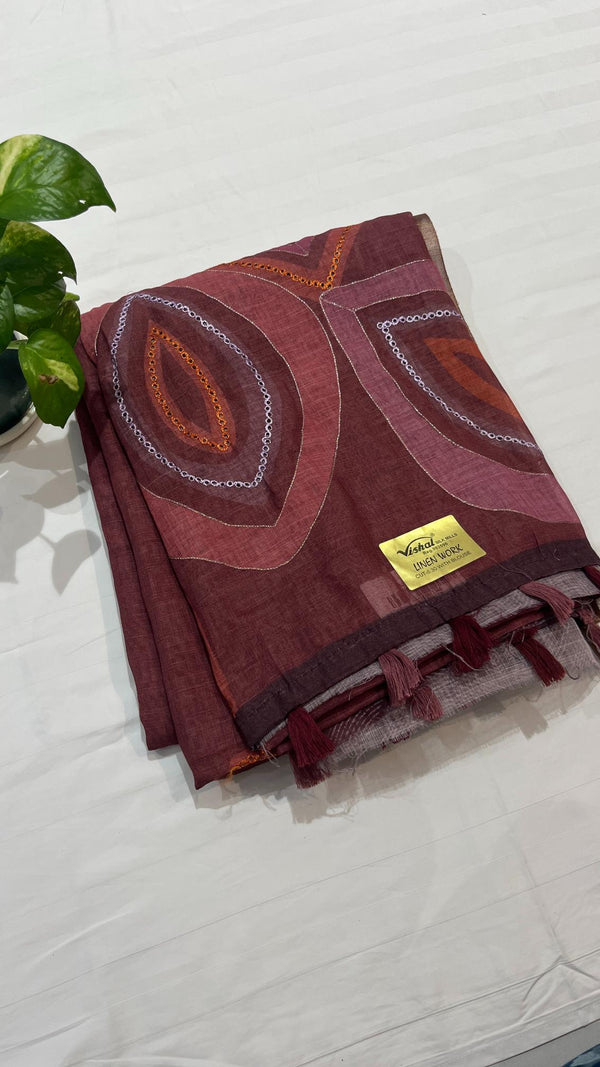 Linen cut work saree