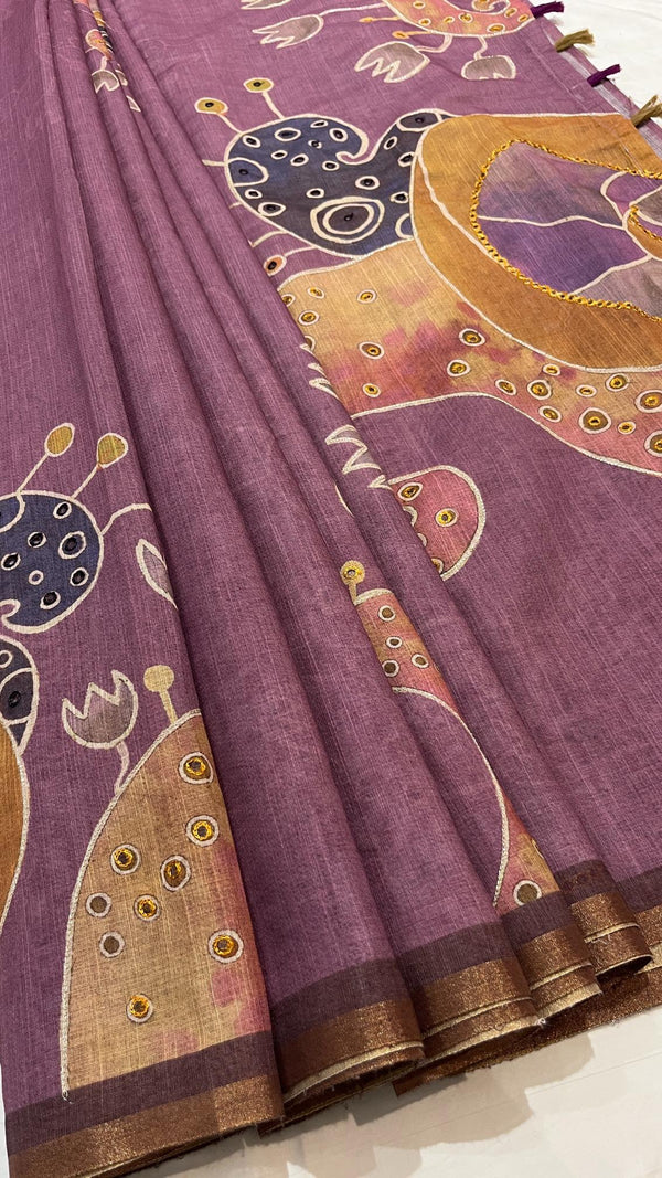 Linen cut work saree