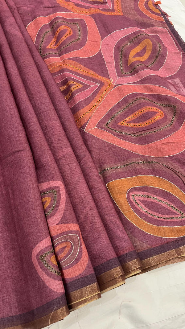 Linen cut work saree