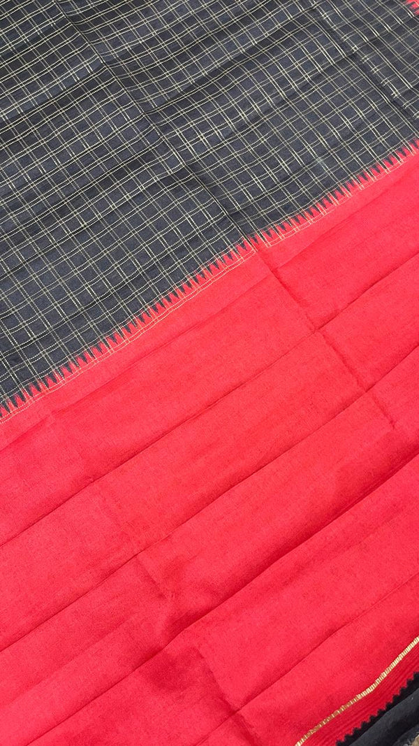 Semi Tussar - Black & Red checks